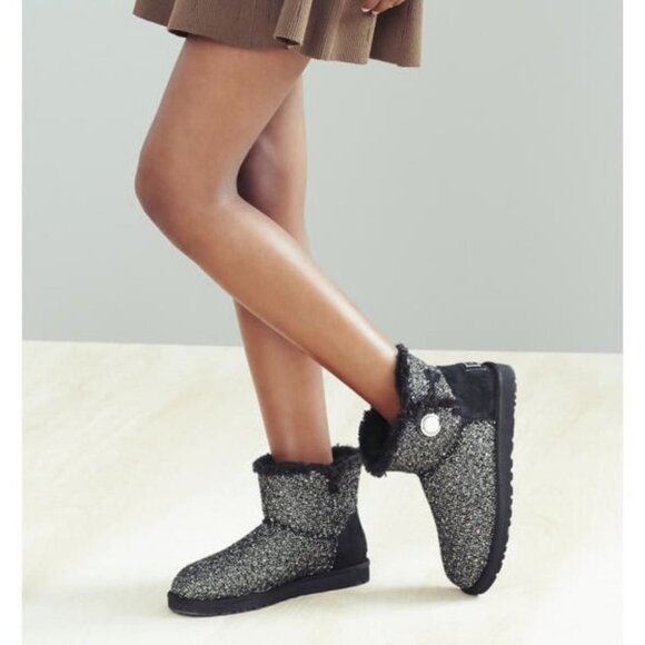 UGG Mini Bailey Button Fancy Tweed Boots in Black Women Size 8 - Picture 12 of 15